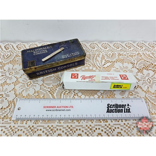 Collector Combo (2): MacDonald's British Consols Tin & Box of Record Razor Blades (Tin Measures: 1-1