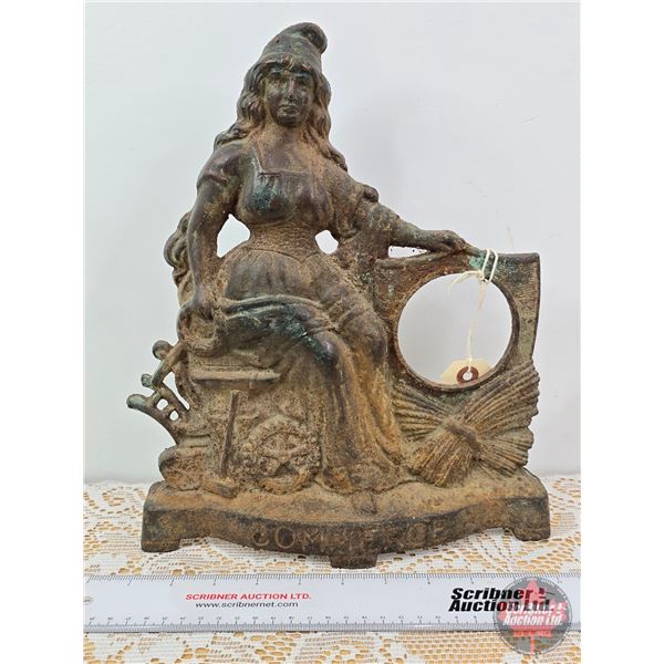 Antique Cast Iron Clock Holder (c.1885) "Commerce" (Measures: 12-3/4"H x 10-1/4"W x 2-1/2"D)