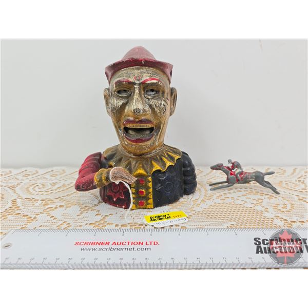 Cast Iron Clown Bank (Reproduction) (Heavy) (7"H) + Horse Rider