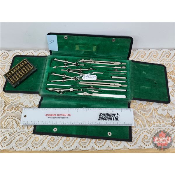 Vintage Drafting Set "Tower Gr" + Small Abacus (Kit Measures: 6"H x 10-1/2"W x 3/4"D) (Abacus Measur