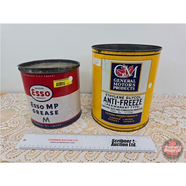 Collector Tin Combo (2): ~ GM General Motors Anti-Freeze Tin (No Lid) (8"H x 7"Dia) ~ ESSO MP Grease
