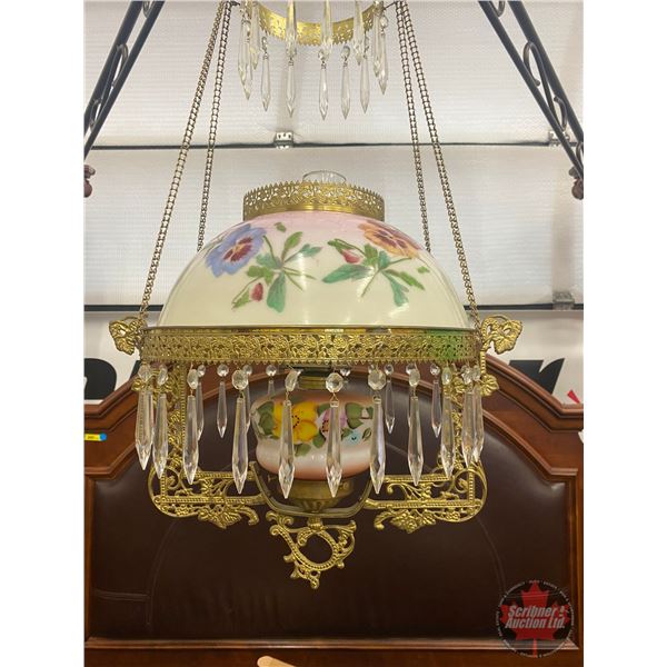 Antique Hanging Kero Lamp : Floral Glass Shade (Shade 14"Dia) (White Flame Burner)