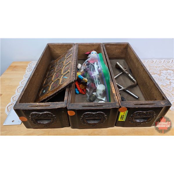 Antique Treadle Machine Drawers (3) with Contents (Each Drawer Measures: 3-3/4"H x 5"W x 15-1/4"D)