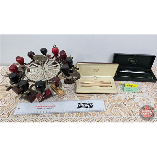 Desktop Stamp Carousel & CROSS Pen/Pencil Sets (14k Gold Filled & Chrome) (Carousel Measures: 6-1/2"