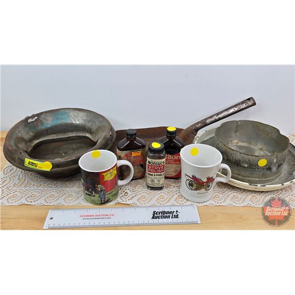 Vintage Grouping : Milk Can Lid; Scoop; Cups (2); Bottles (3); etc (Scoop Measures: 17"L)