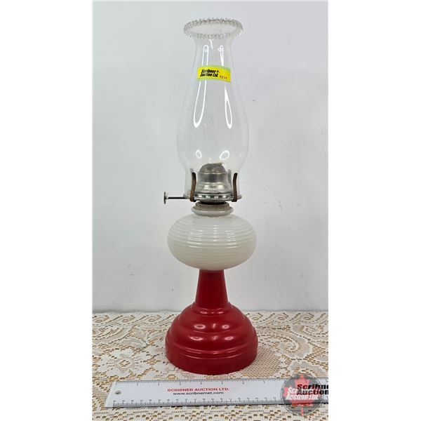 Coal Oil Lamp : Red & White Bee Hive : Nu-Style Burner (Total Measures w/Chimney : 17-1/4"H)