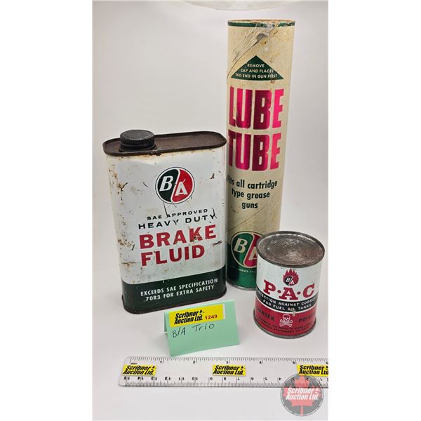 B/A Collector Combo (3): ~ Brake Fluid Tin  ~ Lube Tube ~ PAC Tin (FULL!) (Brake Fluid Tin Measures:
