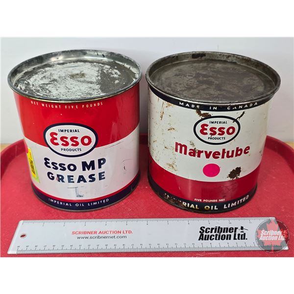 Grease Tins (2) : ESSO Marvelube  (Measures: 6-1/4"H x 6-1/4"Dia)
