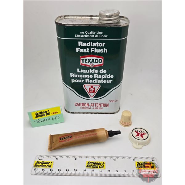 TEXACO Collector Combo: (4) Radiator Flush Tin; Thimble; Oil Pen & Cap (Tin Measures: 6-1/4"H x 4"W 