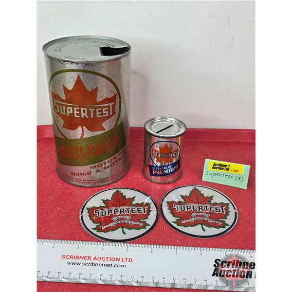 SUPERTEST Collector Combo (4): ~ Multi-Grade Motor Oil (6-1/2"H x 4"Dia) ~ Tin Bank ~ (2) Plastic Co
