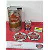 Image 1 : SUPERTEST Collector Combo (4): ~ Multi-Grade Motor Oil (6-1/2"H x 4"Dia) ~ Tin Bank ~ (2) Plastic Co