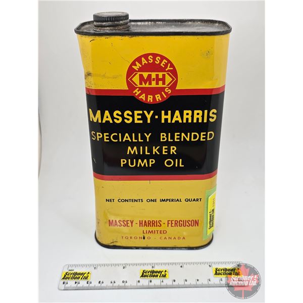 Massey Harris M-H Oil Tin : Specially Blended Milker Pump Oil (Measures: 8"H x 4-1/2"W x 2-1/4"D)