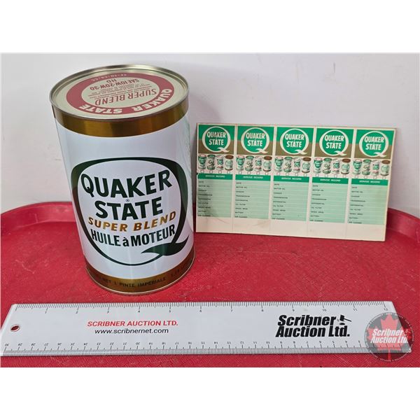 Quaker State Combo (2): ~ Super Blend Motor Oil Can (6-1/2"H x 4"Dia) ~ Service Record Sheet of 5 (T