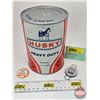 Image 1 : HUSKY Collector Combo (3) : ~ Heavy Duty Motor Oil Can (5-1/2"H x 4"Dia) ~ Button "My Pop Likes Husk