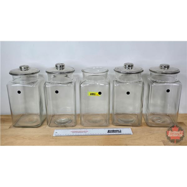 Candy / Gen Store Glass Canisters (5) (Note: 4 with Lids) (Measures without Lid : 9-1/2"H)