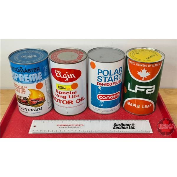 Oil Can Combo (4): ~ Motomaster Supreme Multigrade ~ Elgin Special Long Life Motor Oil ~ Conoco Pola