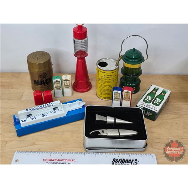 Collector Combo : Coleman Measuring Can; 7-UP S&P Set in Box; Bottle Opener/Cork Set; Brookfield Rai