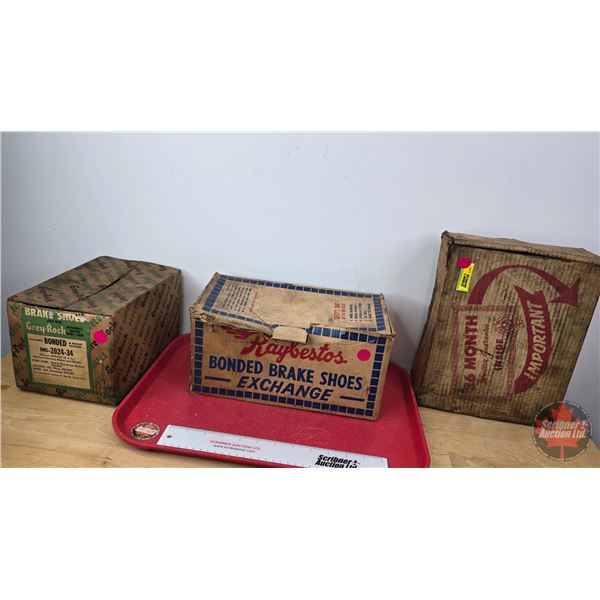 Vintage Auto Parts (Brake Shoes) (3 Boxes) (Very Heavy) (Largest Box Measures: 9 H x 11-3/4 W x 3-1/