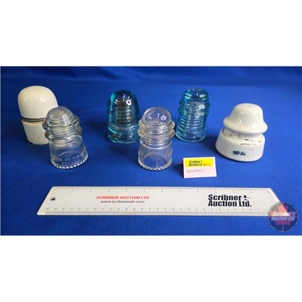 Insulator Grouping (6) : Clear; White Enamel & Aqua  (Largest White Measures: 4"H)