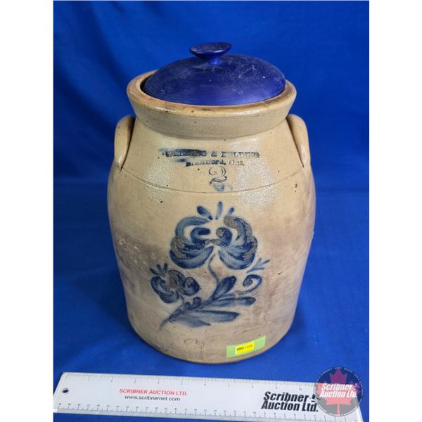 Stoneware Salt Glaze Crock / Jar with Lid : Brantford, Ont. : Blue Foral (Measures without Lid : 11-