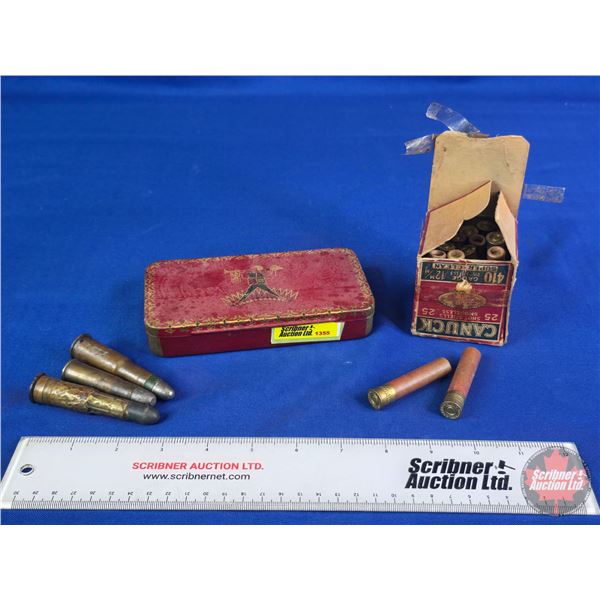 AMMO : Canucks 410ga (18rds) c/w 3 Rifle Rounds (Variety) + Tin (Tin Measures: 1"H x 6"W x 3-1/4"D) 
