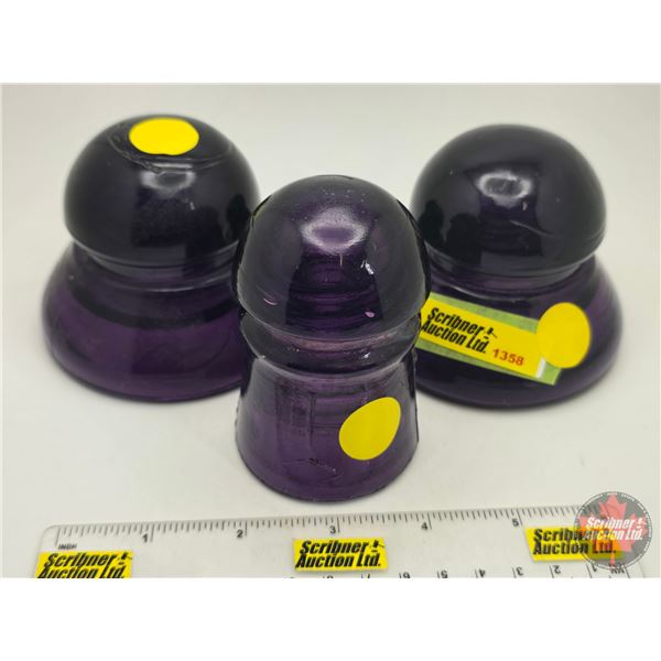 Insulators (3) Purple (Small chip in one) (Largest Measures: 3"H x 3-1/2"Dia)