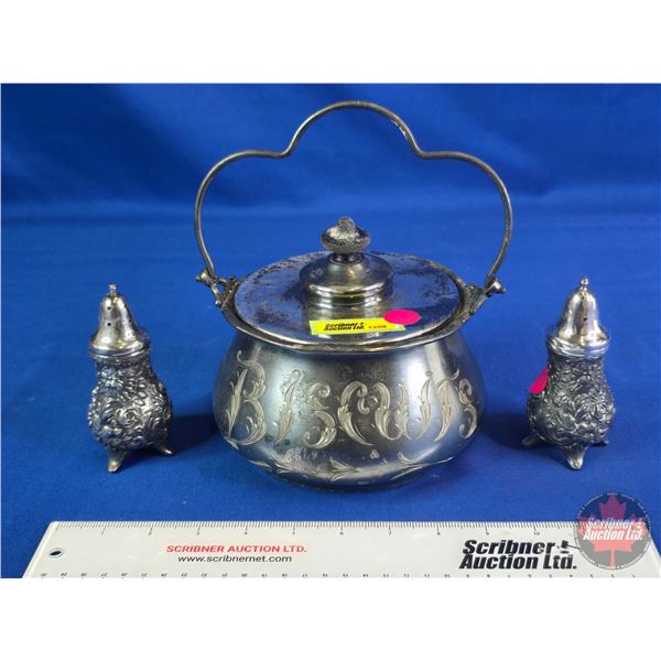 Silver / Silver Plated Service Items : Biscuit Service Bucket & Salt / Pepper Shakers (Bucket Measur