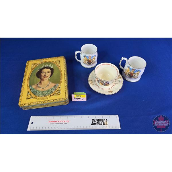 Monarch/Royalty "Queen Elizabeth II" Collector Group : Tin; Mugs (2) ; Cup/Saucer (Tin Measures: 1-1