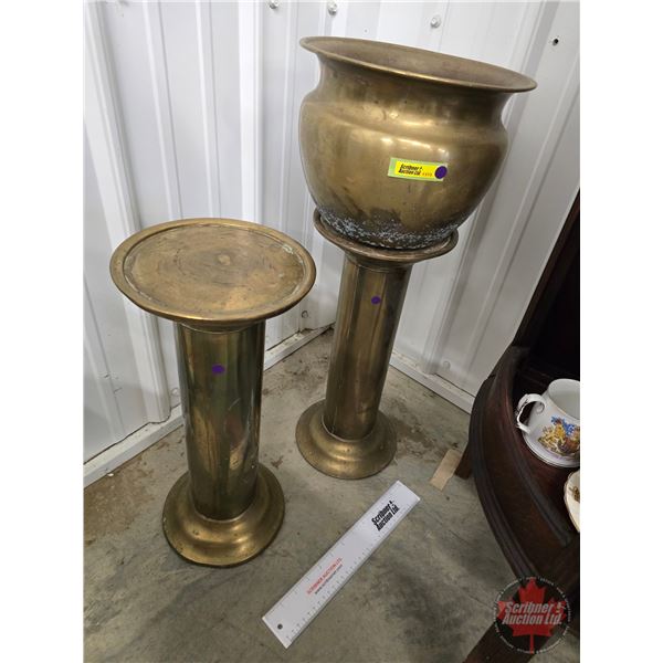 Brass Pillars & Large Brass Pot  (Pillars Measure 18"H x 7-3/4"Dia Top)