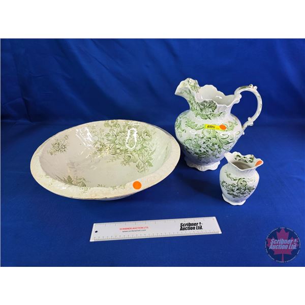 Pitcher & Basin Set (3 pcs) (Note: Basin Crack) (Basin Measures: 17"Dia)