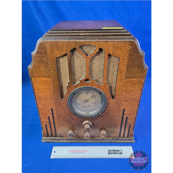 MARCONI Model 49 : Table Top Wood Box Radio : Convex Glass : Wood Knobs (17-1/2"H x 15-1/4"W x 9-3/4