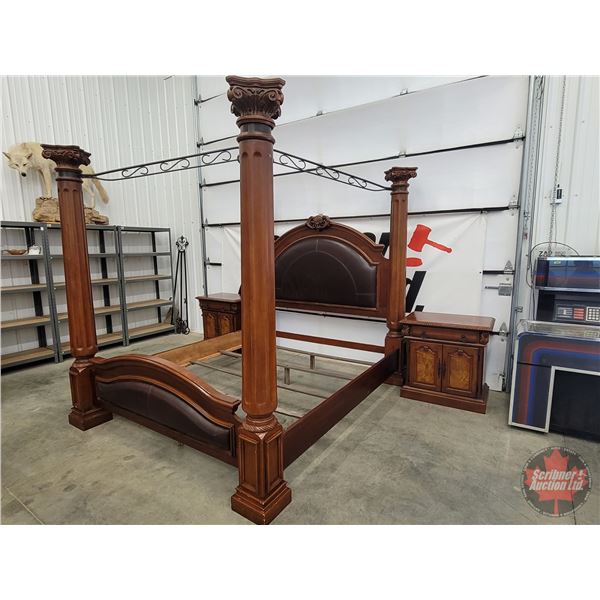 King Size Four Post Canopy Bed & Side Tables (2) (Tallest Point Measures: 95"H x 81"W x 99"D) (Moder