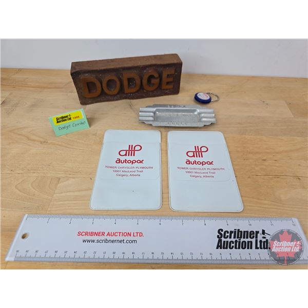 Dodge Collector Combo including Wooden "Dodge" Sign, Ashtray, Insurance Card Holders & Keychain