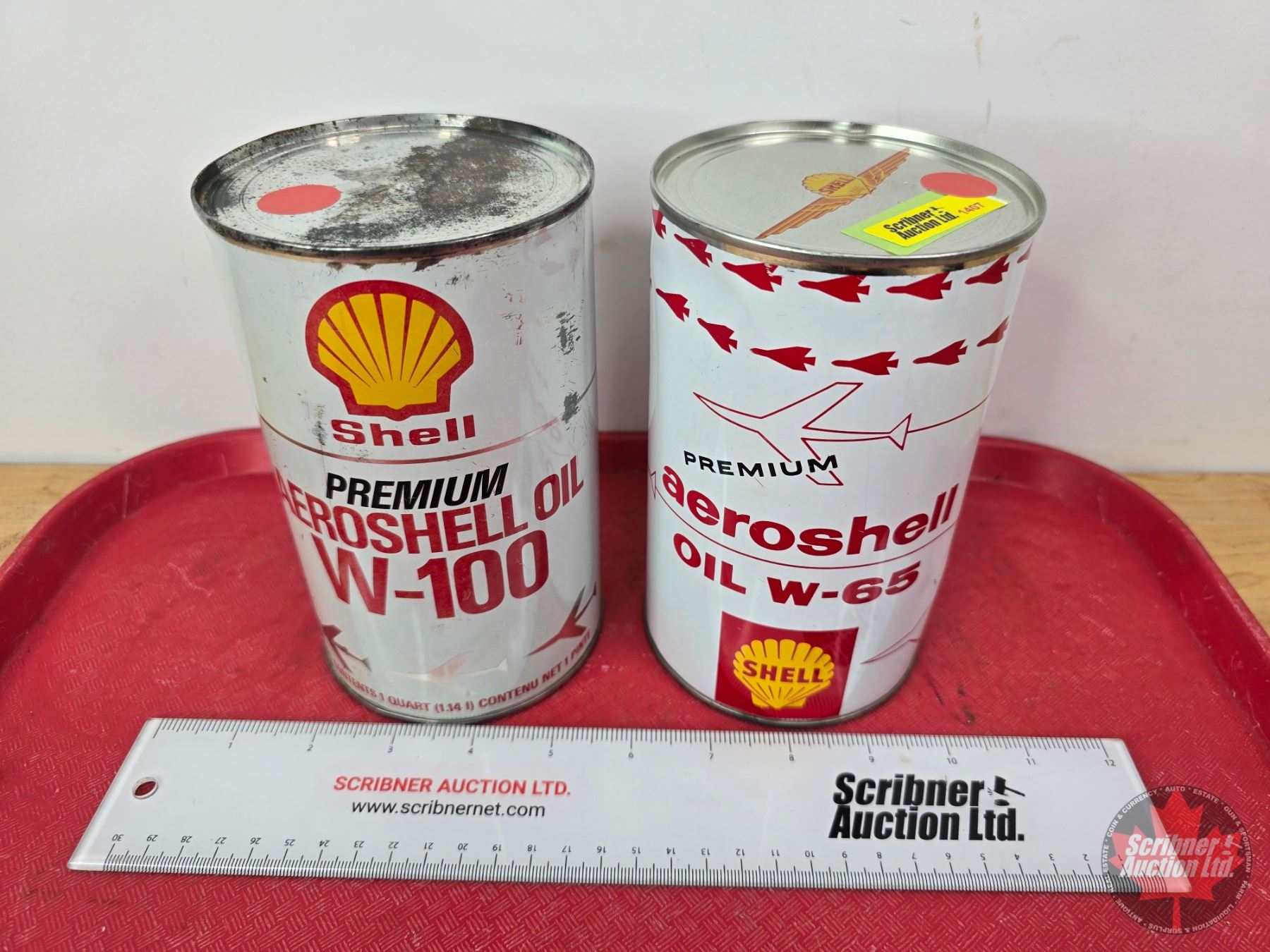 Aeroshell 65 OIL CANS (2) : SHELL ~ Premium Aeroshell Oil W-100 & SHELL ~ Premium ...