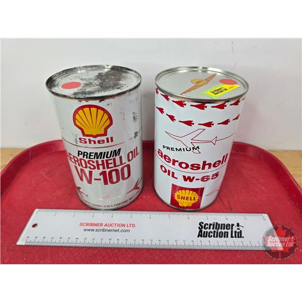 OIL CANS (2) : SHELL ~ Premium Aeroshell Oil W-100 & SHELL ~ Premium Aeroshell Oil W-65