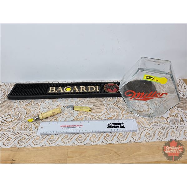 Bar Collector Combo : Miller Counter Jar; Bottle Openers (2); Bacardi Drip Catcher (Bacardi Measures