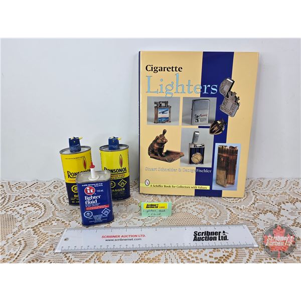 Cigarette Lighters Collector Book + (3) Lighter Fluid Tins (One is partial Full!)