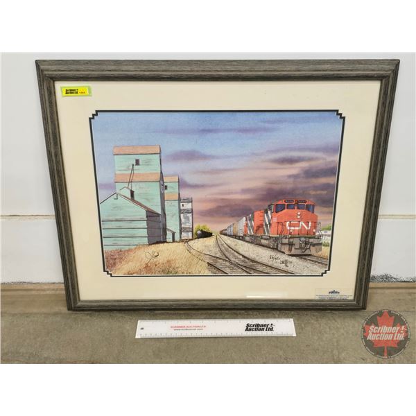 Framed Limited Edition Print : CN Train & Grain Elevators #83/350 (Frame Measures: 20"H x 25"W)