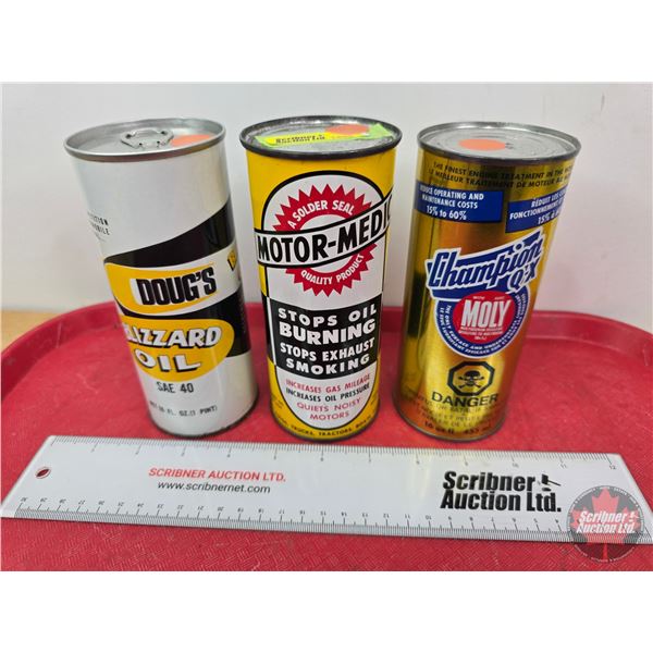 Oil Cans/Tubes (3):  ~ Doug's Blizzard Oil  ~ Motor-Medic ~ Champion Q-X (Blizzard Measures: 6-1/4"H