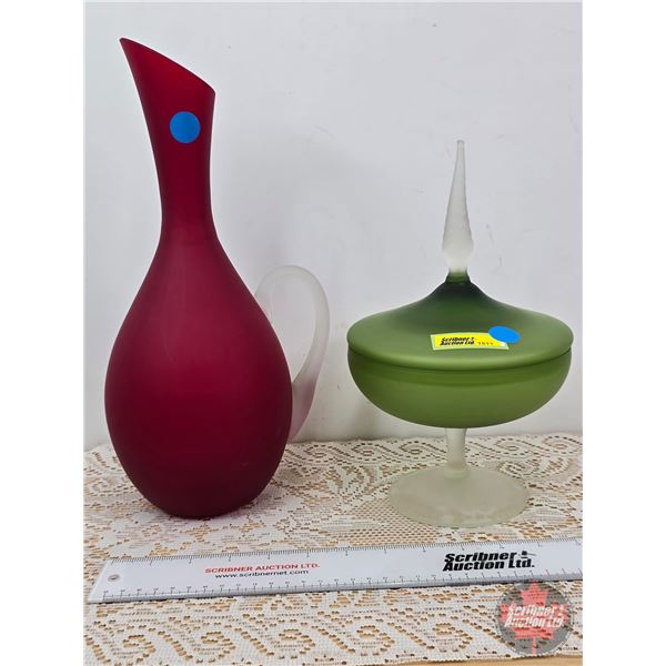 Frosted Glass Pitcher & Candy Dish (Tallest Measures: 13-1/2"H)