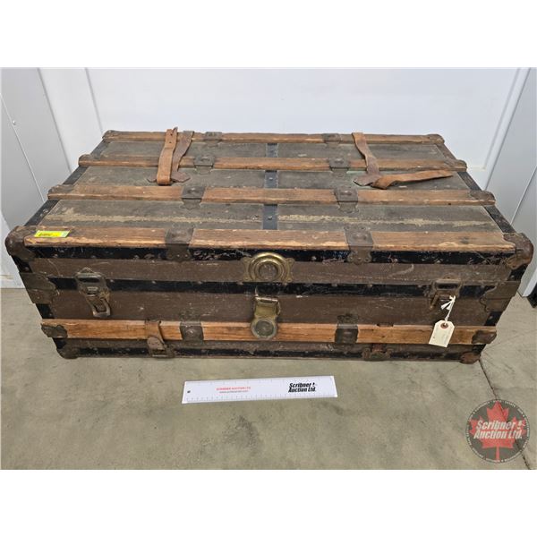 Antique Steam Ship Trunk (No Key) (Leather Strapping Damage) (13"H x 36"W x 21"D)