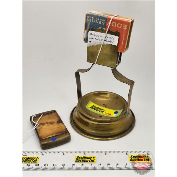 Antique Brass Ashtray w/Attached Matchbox Holder & Brass Vesta
