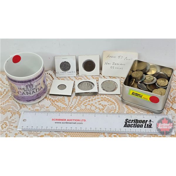 New Zealand Coin Collection (55 Coins) & Coffee Mug : 1971 Canada $10 Bill (SEE PICS!)