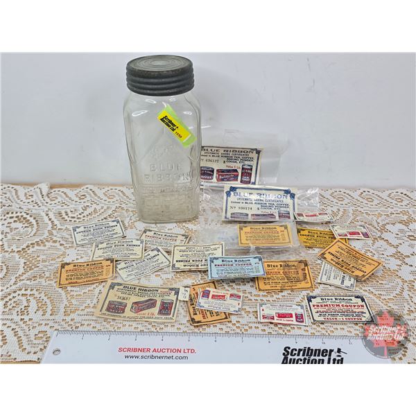 Blue Ribbon Jar w/Variety of Blue Ribbon Coupons  (Jar Measures : 8"H)  (SEE PICS!)