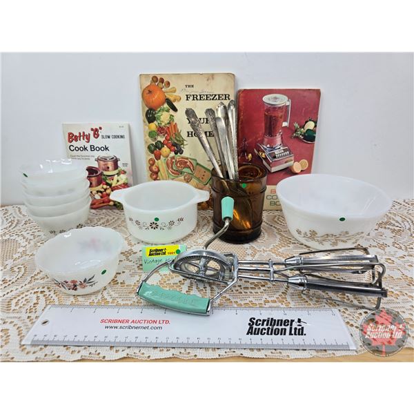 Vintage Kitchen Collector Combo : Including Fireking Bowls, Cook Books, Utensils, etc