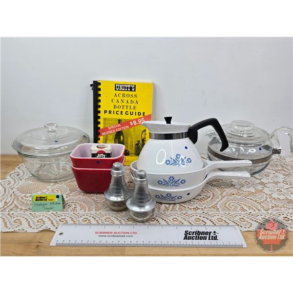 Vintage Kitchen Collector Combo including Corningware Tea Pot, Pyrex Red Refrigerator Dishes, Salt a