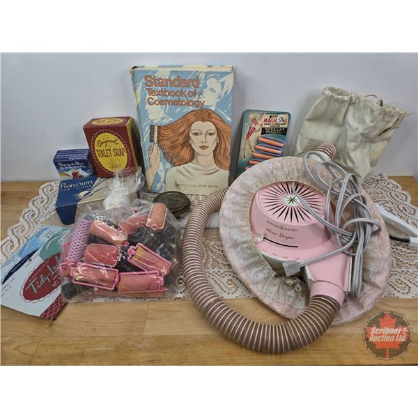 Vintage Ladies Collector Combo including Hair Dryer, Cosmetology Textbook, Curlers, Nylons, etc