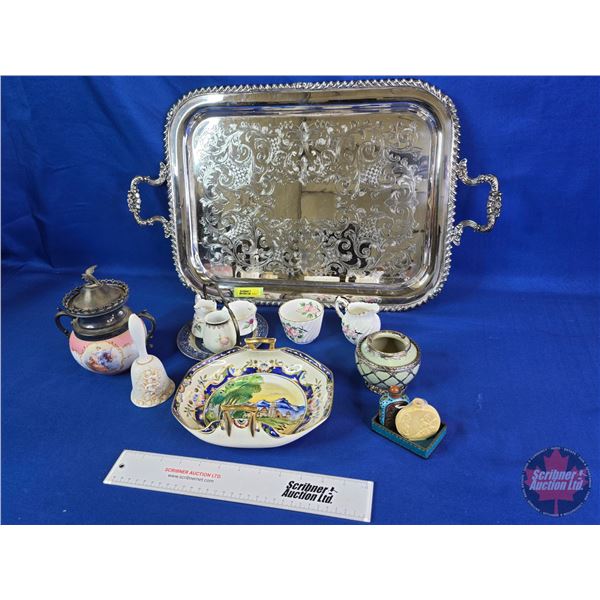 Old English Reproduction Silver Tray w/Variety of Chinaware including Noritake  (Tray Measures : 15"