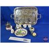 Image 1 : Old English Reproduction Silver Tray w/Variety of Chinaware including Noritake  (Tray Measures : 15"