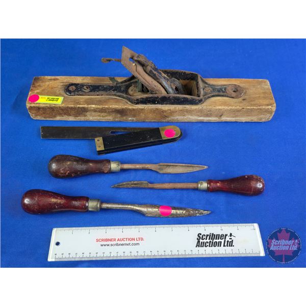 Vintage Tool Combo including Planer, Bearing Scrapers & T-Square